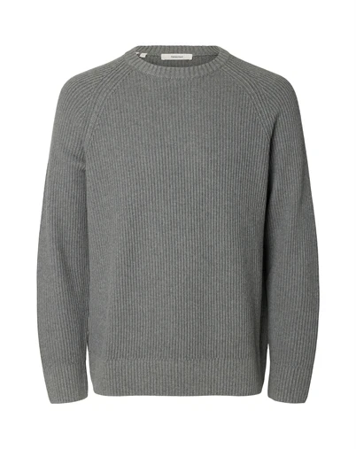 Selected - SLMBraun Rib Crew Strik - Medium Grey Melange